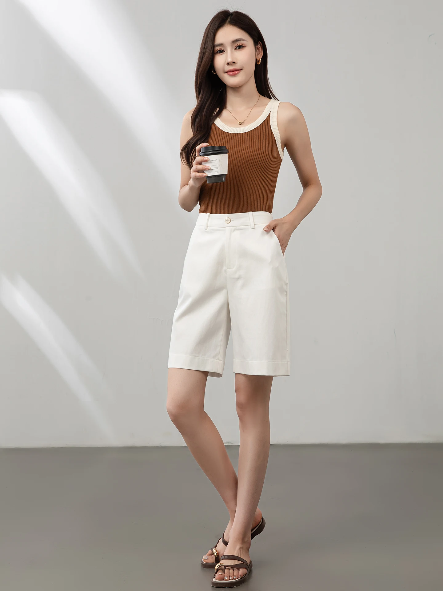 

Mii High Waist Straight Leg Cotton Blend Women's White Five-Point Pants Summer New Sle Casual Trousers