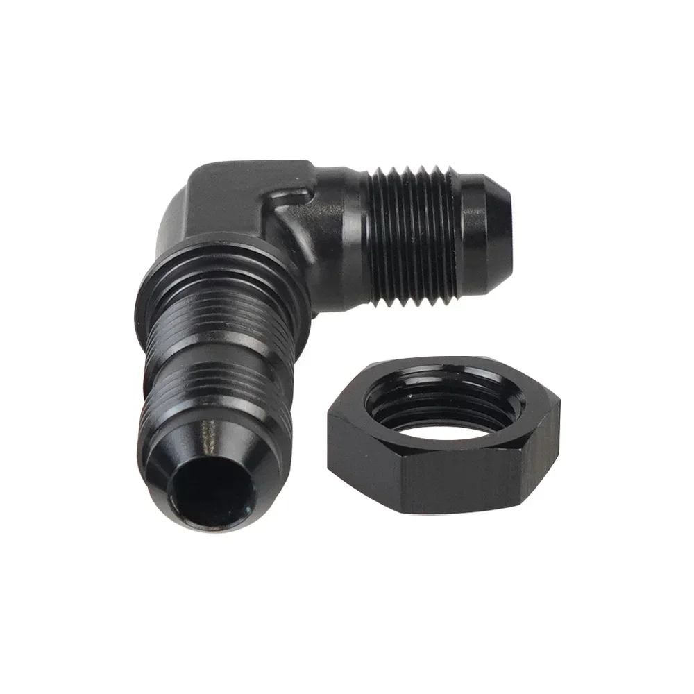 6AN AN8 AN10 Aluminum 90 Degree Male Flare Union Bulkhead Fuel Fitting with AN6 Bulkhead Nut, Black