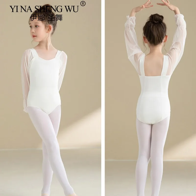 ربيع لطيف الطفل طفل الباليه طويلة الأكمام يوتار Dancewear شبكة كم الأبيض رياضة الرقص ارتداءها القمم الفتيات راقصة ازياء #4