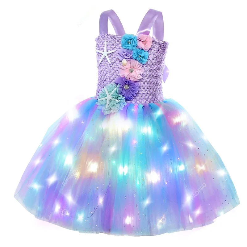 New Pricness Girls Mermaid Tutu Dresses with LED Lights Sea Theme Party Starfish Ariel Cosplay Costumes Purple Ball Gown Dress