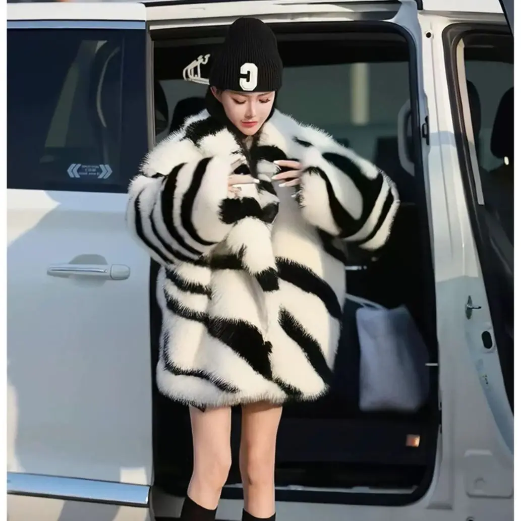 Zebra Pattern Big Skimmed Collar Simulation Fur New Trend Coat Thickened Fashion Foreign Style Casual Versatile