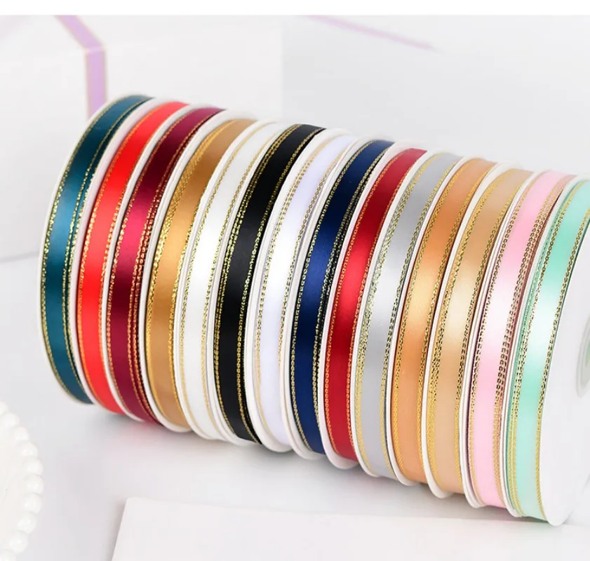 50 Yards/Roll 1cm Glitter Gold Edge Satin Ribbons Christmas Wedding Decoration For Hair Bows Gift Baking Bouquet Wrap Ribbons