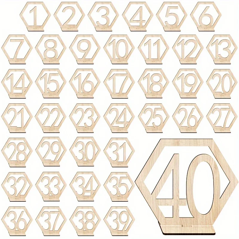 10PCS Wooden Table Number Plate 1-40 Hexagonal Hollow Number Seat Plate Bar Cafe Wedding Number Table Plate Party Decoration