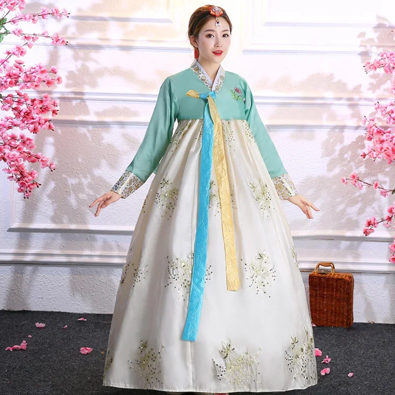 Disfraz tradicional coreano con lentejuelas, Hanbok femenino, traje de palacio coreano, vestidos Hanbok, ropa de baile nacional para espectáculo de escenario