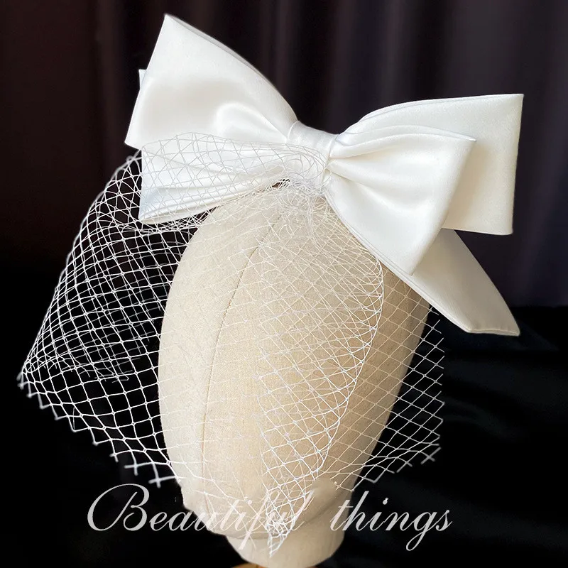 Fascinators Hat For Women White Bow Bride Birdcage Veil Headdress Bridal Face Cover Hair Clip Headwear Wedding Hair Accessories