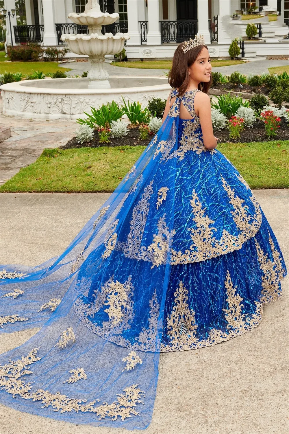 Vestidos floridos com lantejoulas para crianças, Vestido de baile com apliques, Royal Blue, Vestidos de casamento para bebê