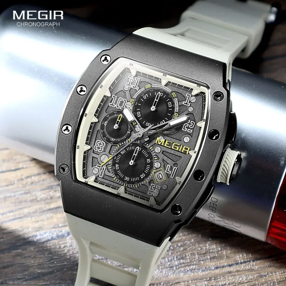 Reloj MEGIR de cuarzo de acero inoxidable 316 para hombre, reloj de pulsera con cronógrafo luminoso resistente al agua a la moda con correa de silicona con fecha automática