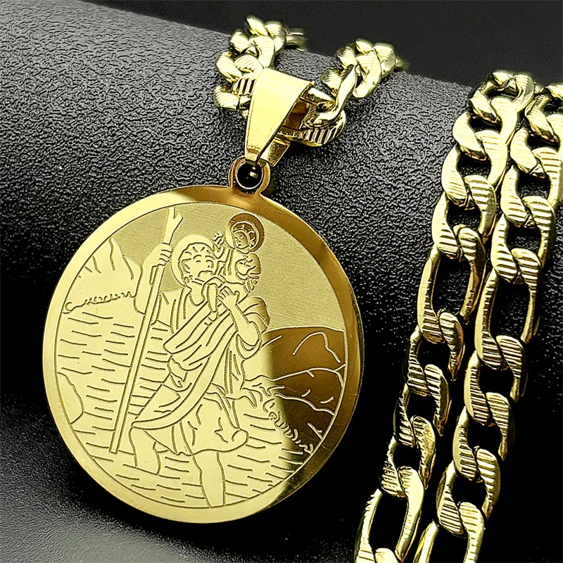 قلادة ميدالية مستديرة للأطفال من سانت كريستوفر للنساء والرجال من الفولاذ المقاوم للصدأ باللون الذهبي سلسلة مجوهرات هيب هوب المسيحية #1