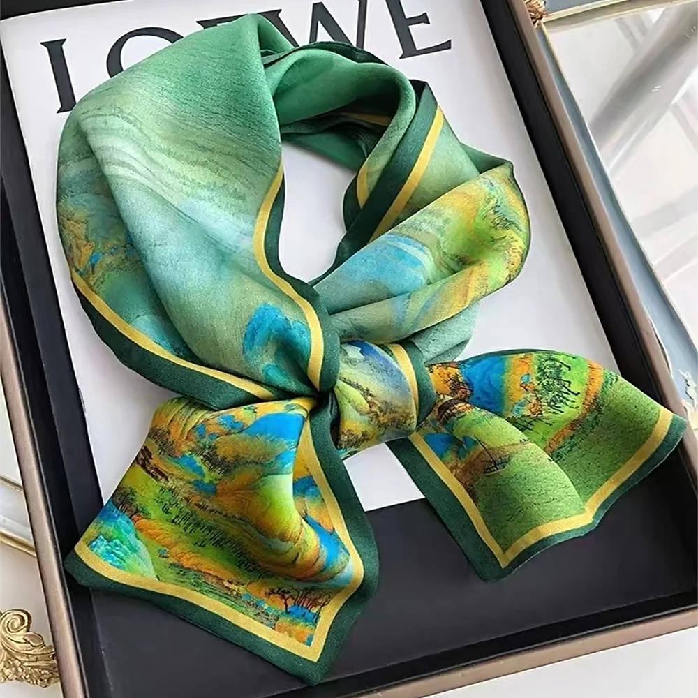 New Green Long 100% Silk Scarf Hairband Spring Fall Fashion Chinese Style Pattern Pure Silk Ribbons Scarves Floulard Printed