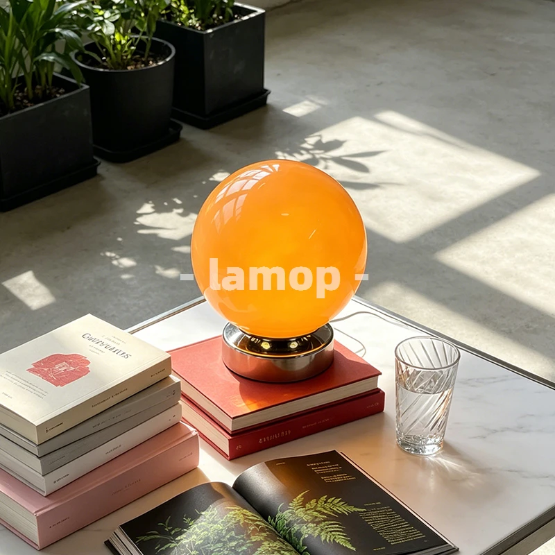 Murano Glass Warm Orange Solid Full Sphere Short Chrome Base Table Lamp Boho Casual 3 Tone Soft Light Metal Grid Shelf Decor