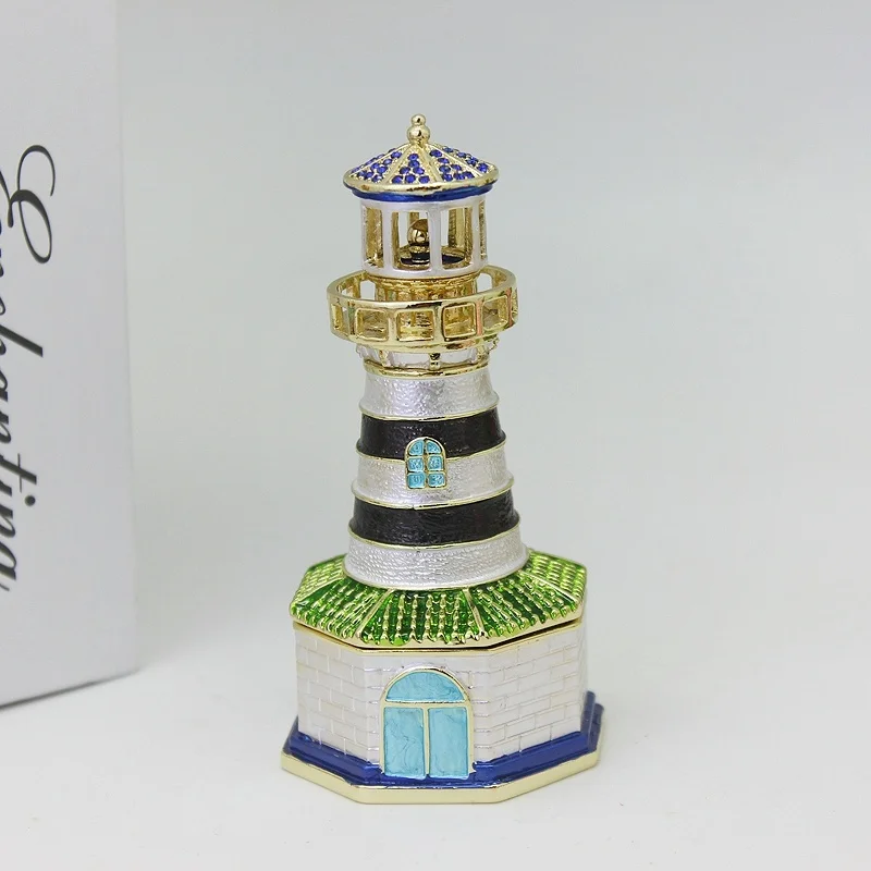 

SHINNYGIFTS Pewter Enamel Trinket Box Lighthouse Handpainted Jewelry Gift Box Christmas Gifts