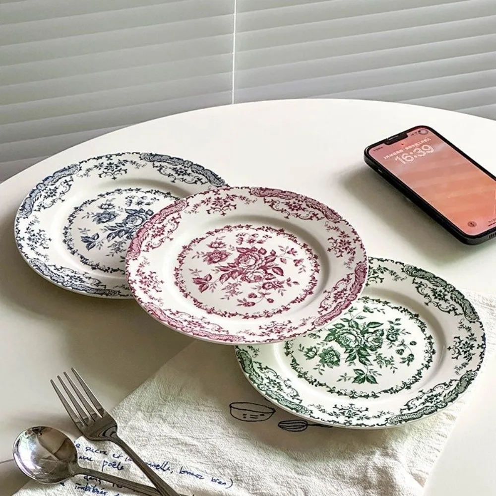 

Dinner Set Retro Nordic Flower Pattern Disc Ceramic Elegant Shallow Plate Exquisite Light Luxury Dinner Plate Hotel