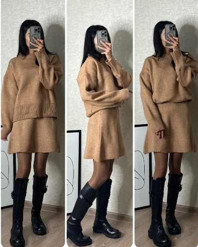 Autumn Winner Two-Piece Set Solid Color Knitted Sweater Short Group Set Casual and Minimalist Commuting for Women