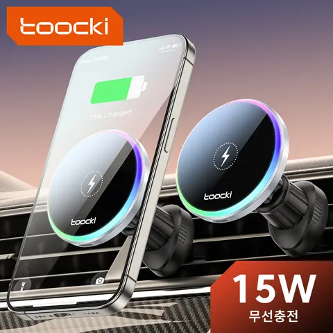 Toocki RGB 마그네틱 차량용 휴대폰 거치대, 15W 무선 충전기, 아이폰 15, 14, 13 프로 맥스, 삼성 휴대폰 차량용 충전기 거치대 스탠드