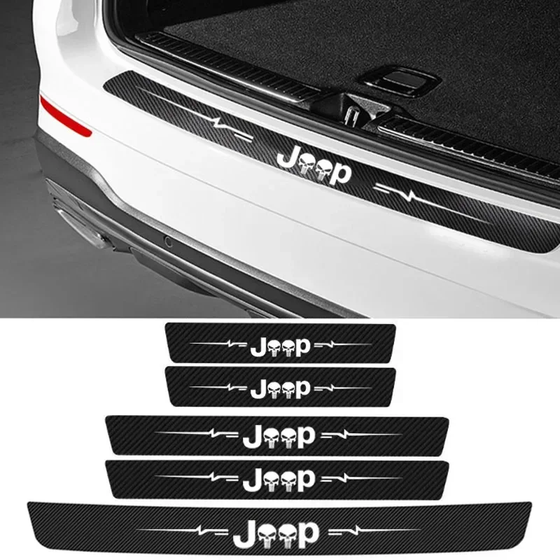 Car Door Threshold Sill Protective Stickers Anti Scratch for Jeep Logo Carbon Fiber Leather Rear Trunk Bumper Decals Accessory