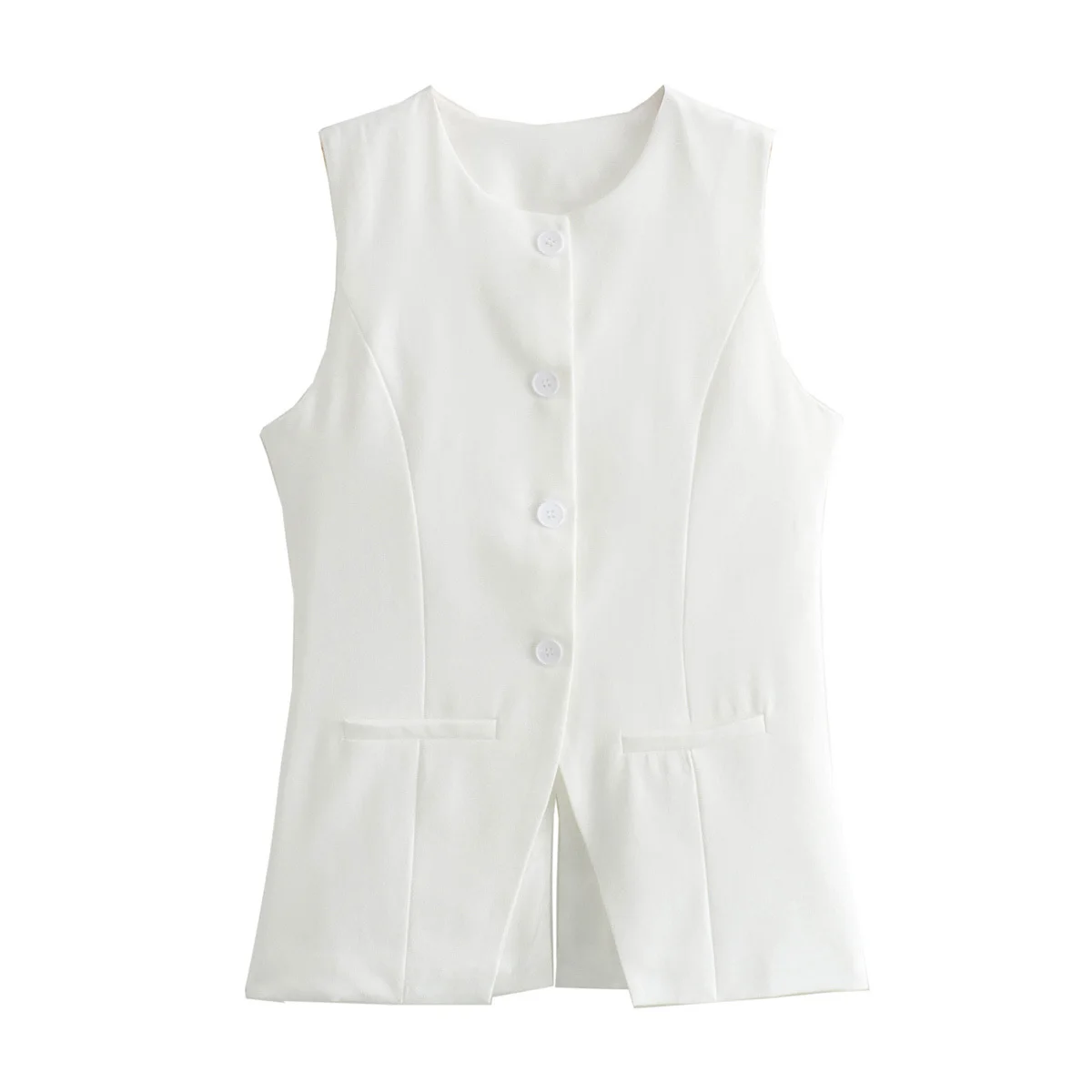 

TRAFZA Woman's High Street Vests White O-Neck Sleeveless Buttons Pockets Single Breasted Hem Slit Summer Tops Woman Trendy