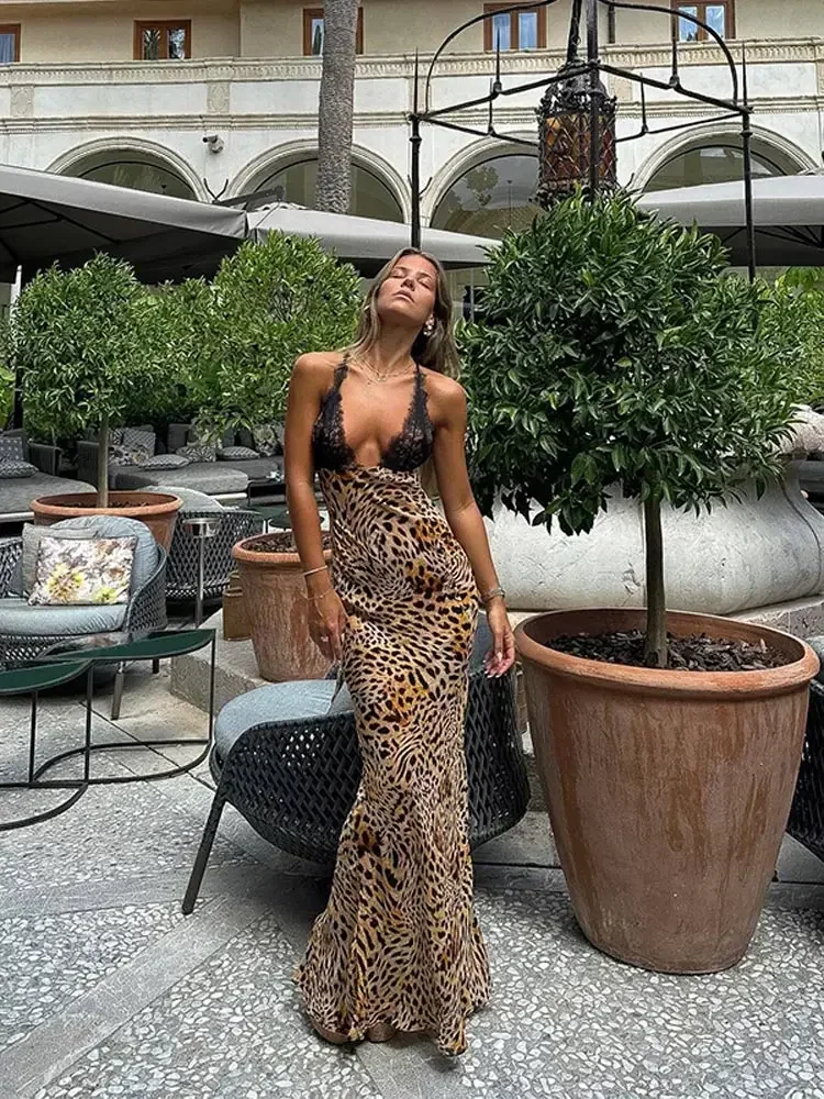 

Sexy Leopard Lace Patchwork Maxi Halter Dress For Women Fashion Deep V Neck Backless Long Dresses 2024 Female Holiday Vestidos