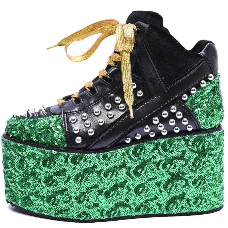 Punk Style Bling Green Sequins Super Platform Sole Causal Shoes Metal Rivets Round Toe Femme Increasing Heels Short Bottines