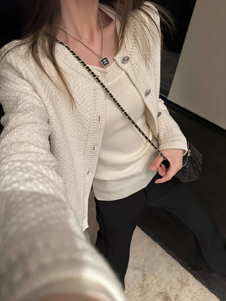 

Ele White Knitted Cardigan Heavy Embroidery Women's Faion Autumn Outerwear Heydle Brand Cotton Long Sve round Ne