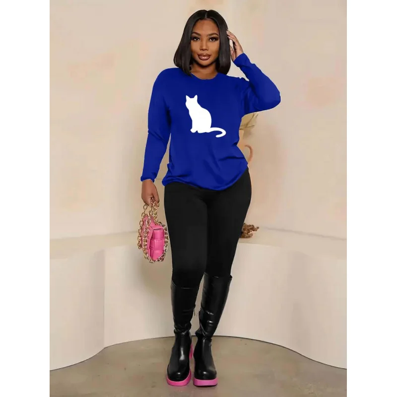 Blauw damessweatshirt met ronde hals en leuk grafisch ontwerp, losvallend grafisch pak met lange mouwen