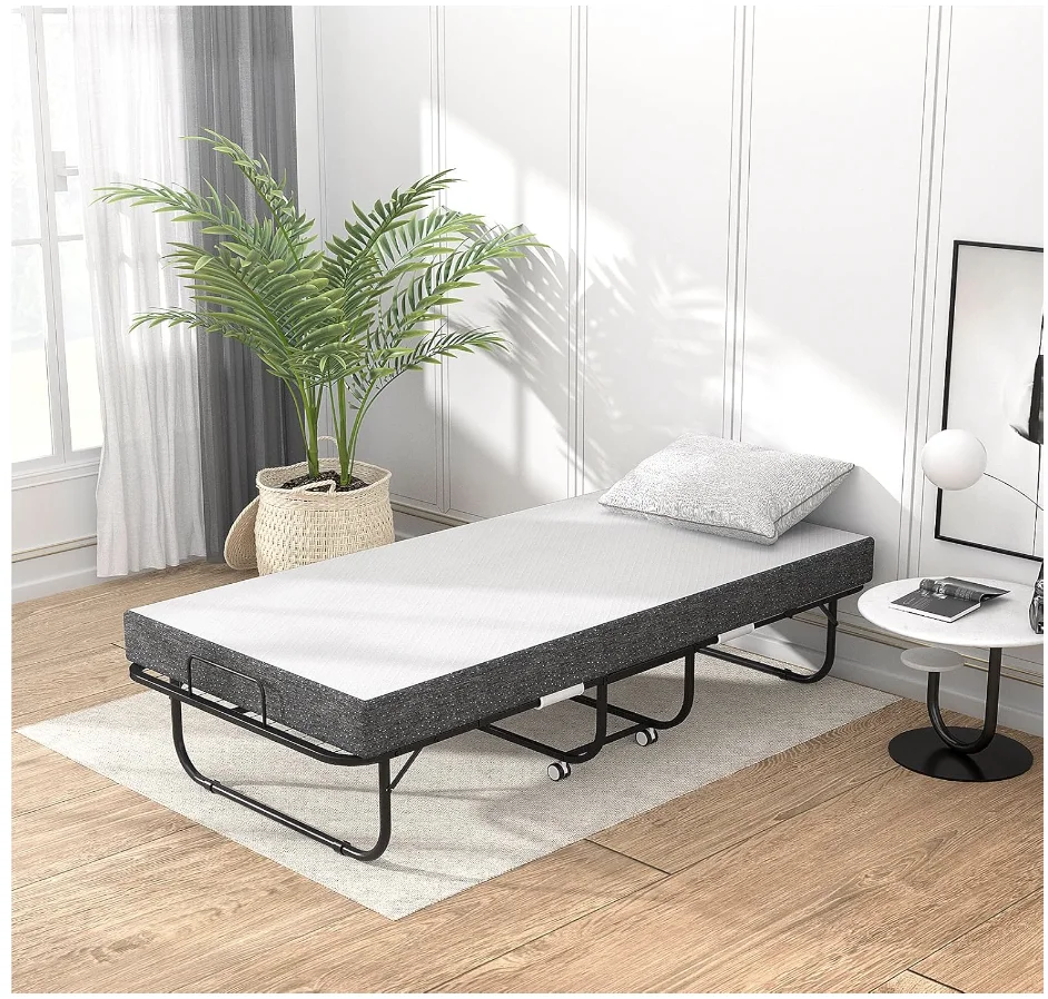 Folding Bed with Mattress Portable Foldable Guest Beds Cot Size Rollaway Beds for Adults with Luxurious Memory 5 Inch Foam Mattr