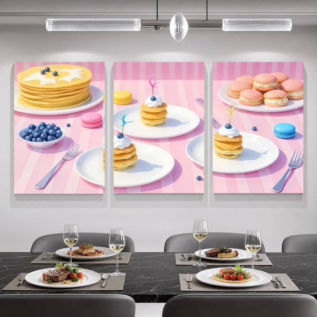 2D Flat, 2D Flat, 3pcs Modern Dessert Wall Art, Pink Tablecloth Pancakes Macarons Blueberries Cream, Frameless Home Decor Pri