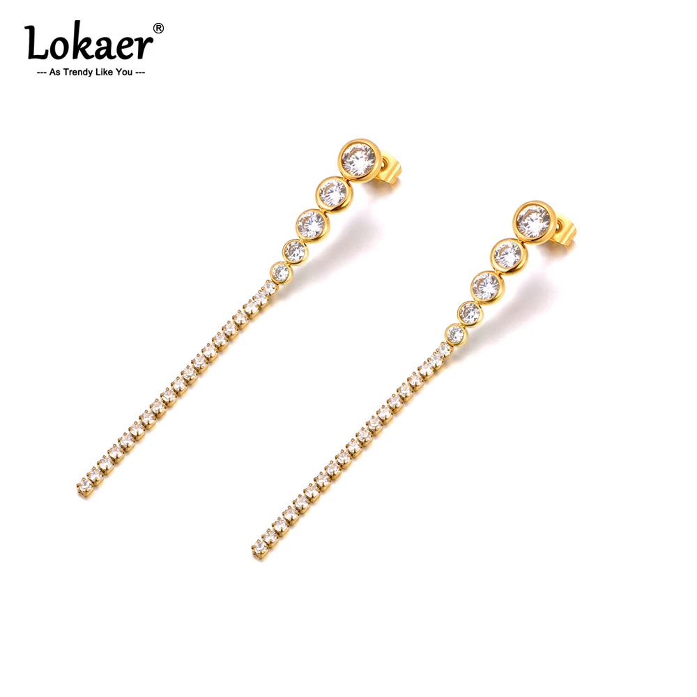 Lokaer Luxuriöse Zirkonia-Ohrringe mit langen Quasten für Damen, wasserdicht, Edelstahl, Hochzeitsschmuck, 18 Karat vergoldet, E24150
