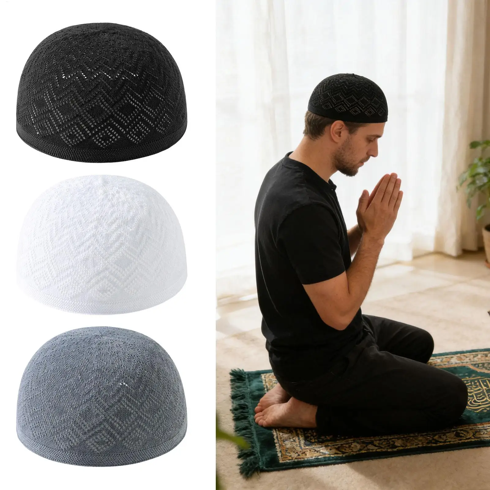 Kufi Hat Elastic Breathable Stretchable Soft Embroidery Cap Crochet Skull Beanie for Dad Grandpa Husband Son Family Occasions