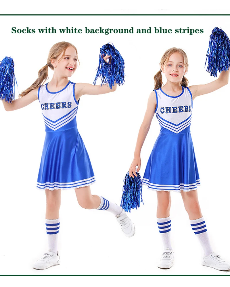 Uniforme da cheerleader per adulti, uniforme della squadra di calcio per bambini senza maniche a cinque colori, uniforme da spettacolo per bambini, calzini da donna