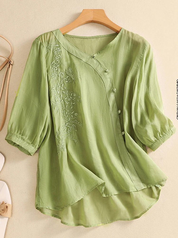 Retro V-Ne bordado algodón Lino irt ligero verano Casual suelta ajuste talla grande mujer Faion artístico Top