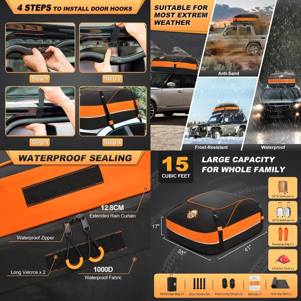 

Водонепроницаемая сумка на крышу 15 кубических футов, подходит для автомобилей без багажника, включает ремни и крючки.