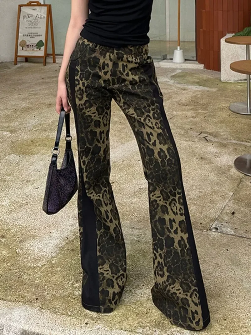 Neploe Leopard Print Contrasting Micro Flared Jeans Femme American Vintege Fairycore Streetwear 2000S Low Waist Wide Leg Pants