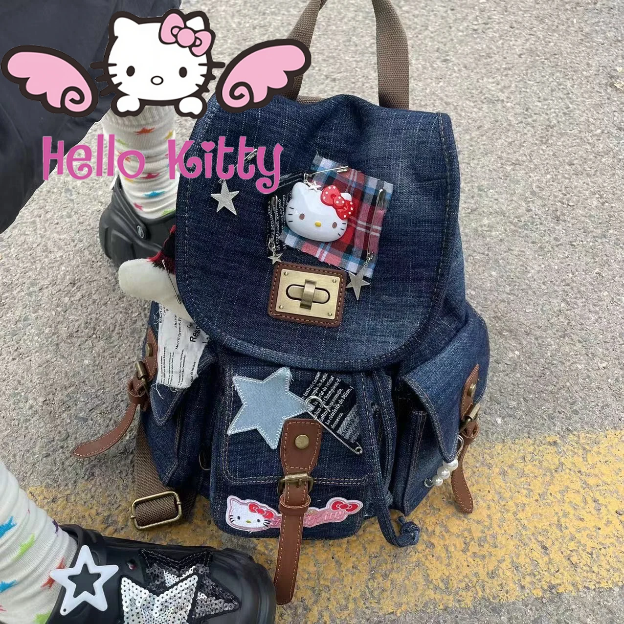 

New Hello Kitty Women's Backpack y2k MINISO Sanrio Cute y2k Multi pocket denim high quality bag Fashion personality Girl's Gift