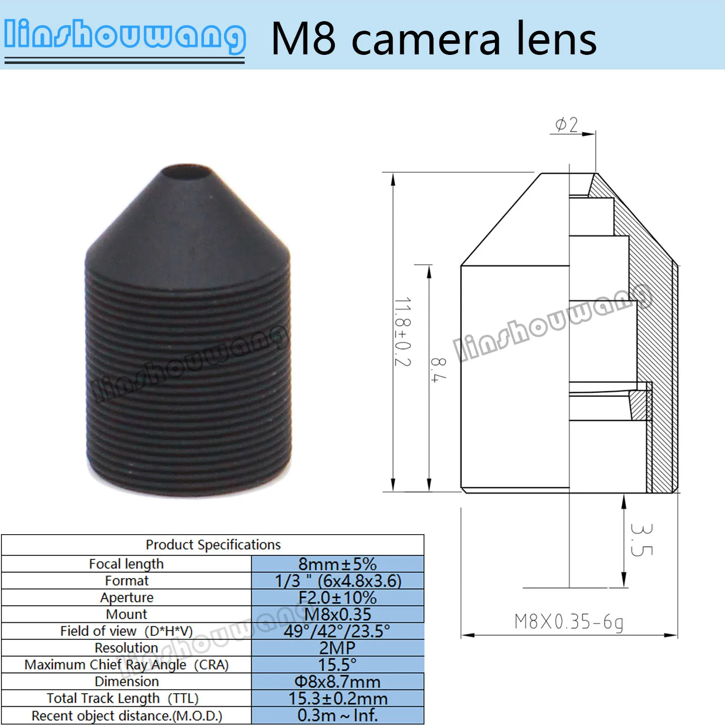 

Объектив M8 EFL 8 мм, 2 мегапикселя, высокое разрешение, угол обзора 49 градусов, подходит для мини-камер с сенсором 1/3 дюйма, объектив M8*0.35 HD
