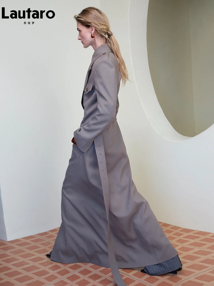 

Lautaro Spring Autumn Extra Long Trench Coat for Women Belt Double Breasted Elegant Luxury Designer European Fashion Clothes