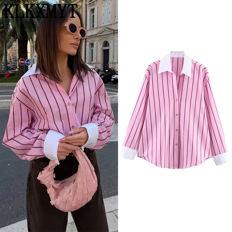 KLKXMYT Schicke Lässige Gestreifte Rosa Hemden für Damen – Urlaubshemden mit Revers – Neu 2026 Frühling Sommer Mode High Street Hemd-Tops