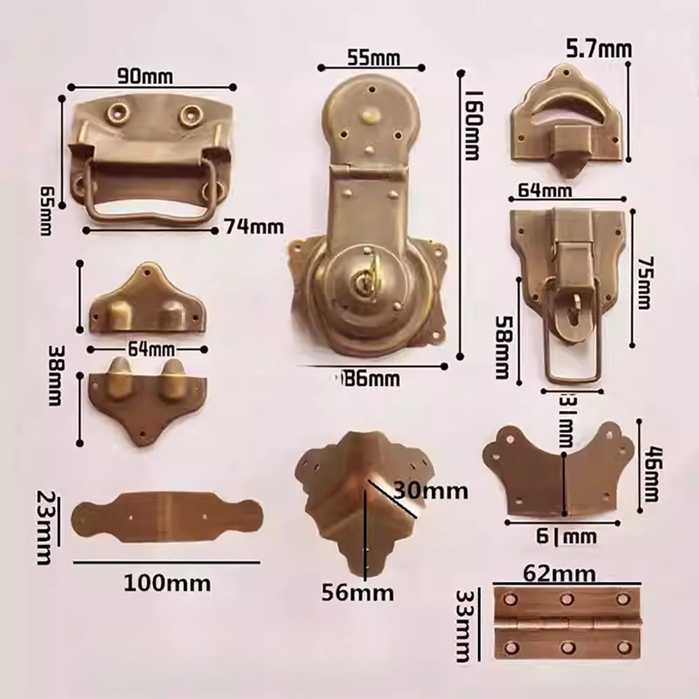Chinese Wooden Box Pure Copper Accessories Old-fashioned Retro Lock Box Buckle Round Corner Handle Hinge Full Set