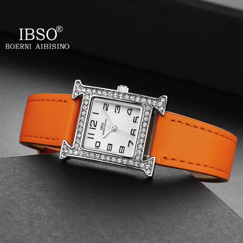 IBSO 2023 New Luxury Women Rectangle Watches Japanese Quartz Movement Ultra-Thin 3ATM Waterproof Full Diamond Genuine Leather