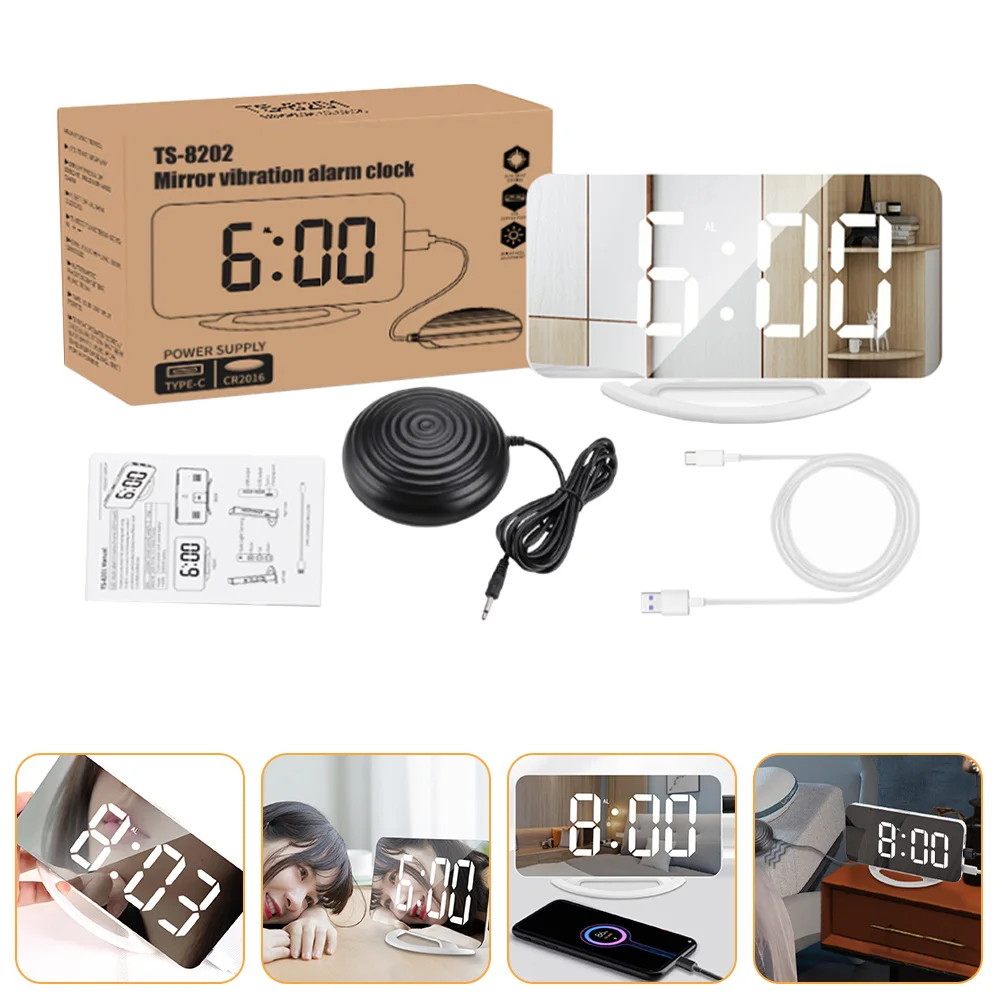 

1Set Digital Vibrating Alarm Clock Mirror Design Super Loud Bedroom Alarm Clock Intelligent Light Adjustment Large LED Screen