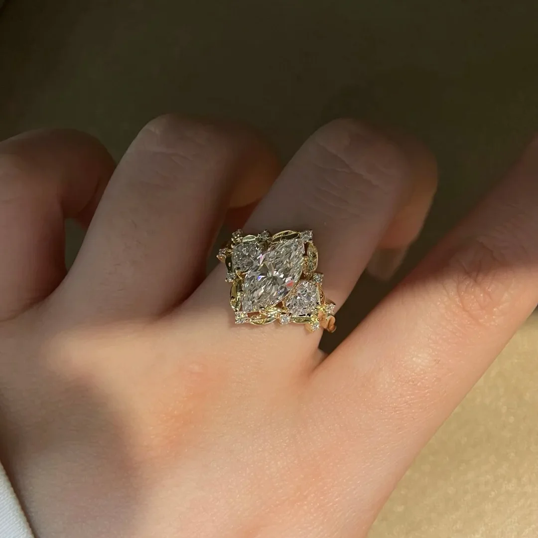 Vintage Gold Color Marquise Cut Cubic Zirconia Three Stone Engagement Ring for Women Art Deco Wedding Promise Statement Jewelry