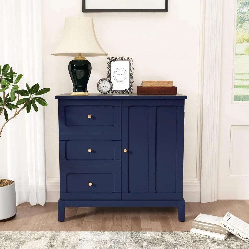 There are 3 drawers and doors, wooden lockers with shelves, living room sideboard, entryway, navy blue