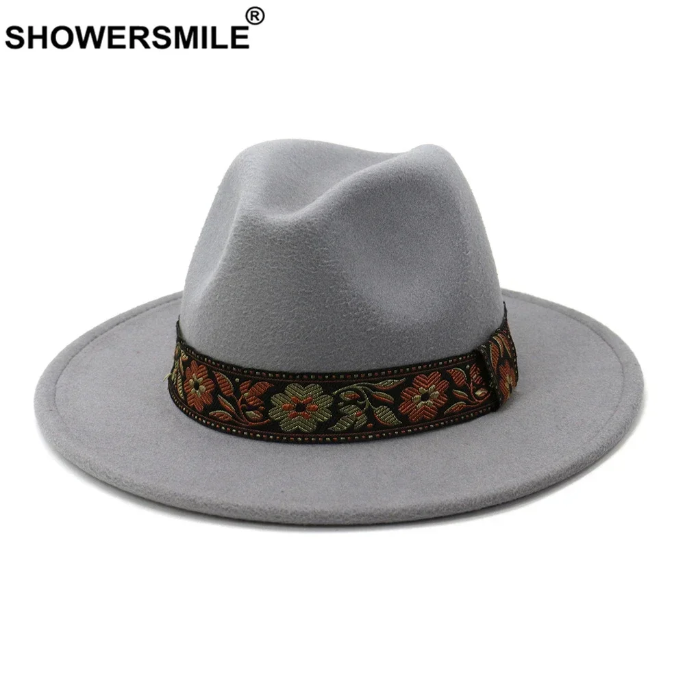 

SHOWERSMILE British Women Men Wool Fedora Hat Army Green Winter Autumn Wide Brim Jazz Church Panama Sombrero Cap Vintage Trilby