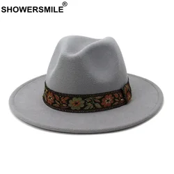 SHOWERSMILE British Women Men Wool Fedora Hat Army Green Winter Autumn Wide Brim Jazz Church Panama Sombrero Cap Vintage Trilby