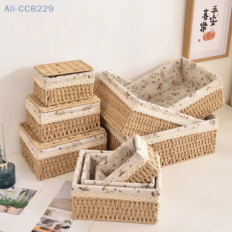 Multi-Purpose Storage Weave Basket Imitation Rattan Desktop Sundries Organizer Cosmetics Snack Basket Home Decoration【A】