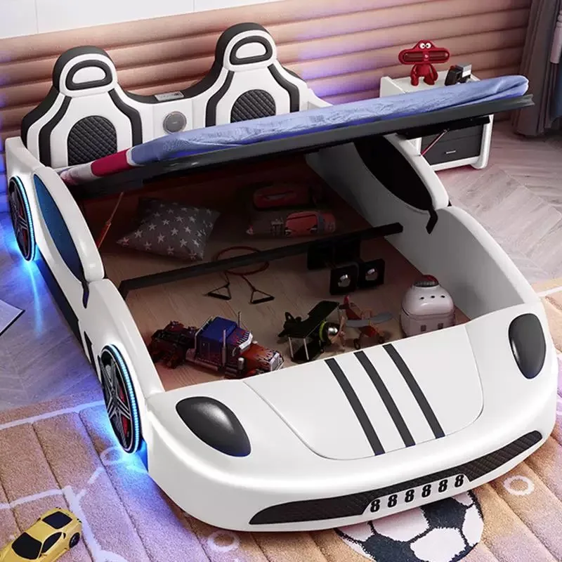 Modern Luxury Bedroom Furniture Soft Up-holstered Beds Queen Size Kids Single Double Bed Frame Boy Car with Storage Set Design