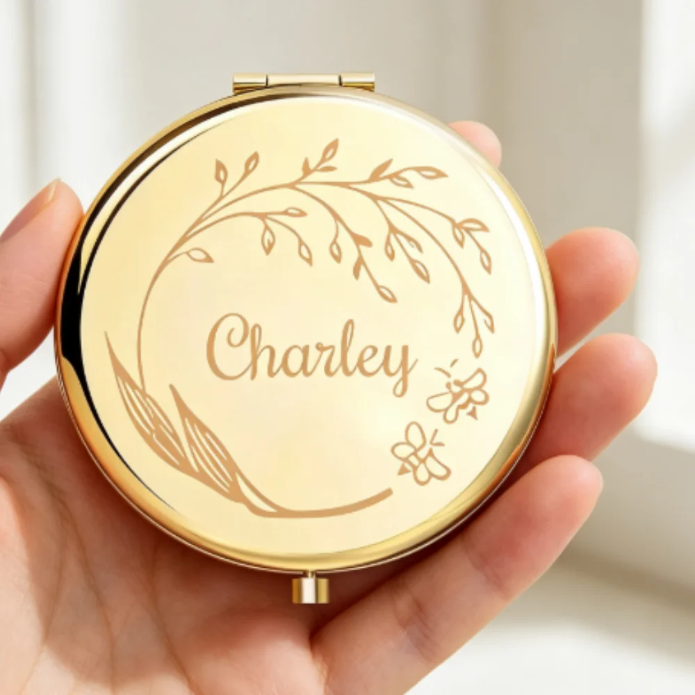 Three Color Customized Name Compact Fold Makeup Mirror, Creative Birthday Party Gifts For Friends Family