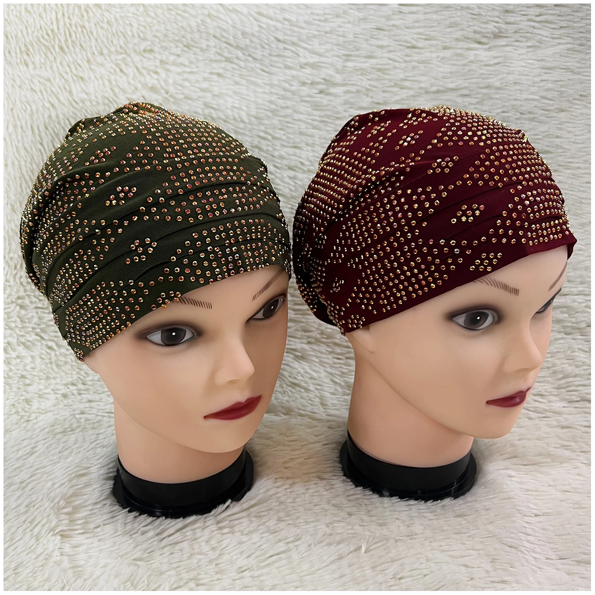 Wholesale Order 6/12 Pieces Fashion Muslim Female Turban Hat Velvet Hot Rhinestone Solid Indian Beanie Hair Bonnet Cap For Women