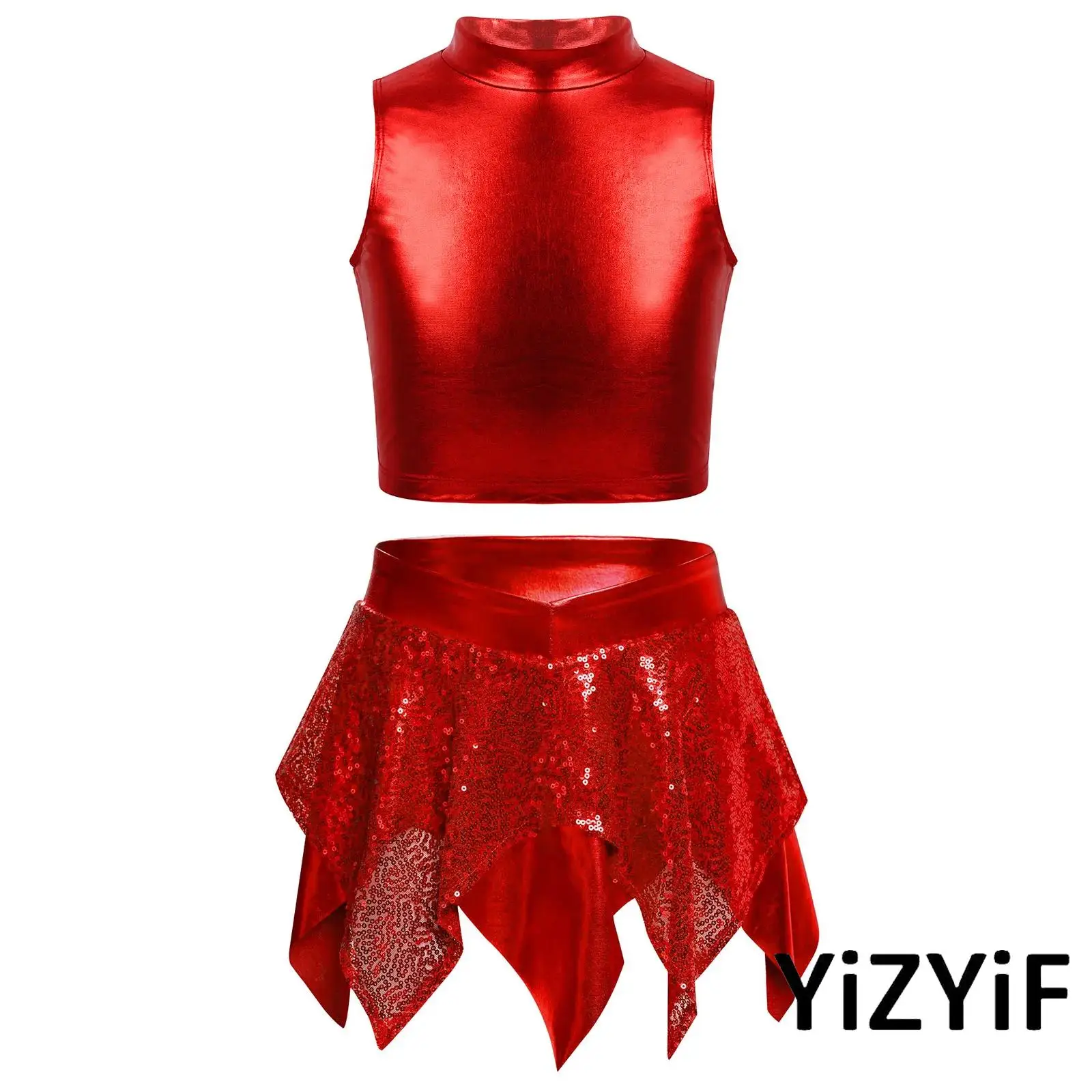Kids Girls Jazz Hip Hop Dance Costume Sleeveless Mock Neck Metallic Crop Tops with Skirt Disco Stage Performance Dance Clothing