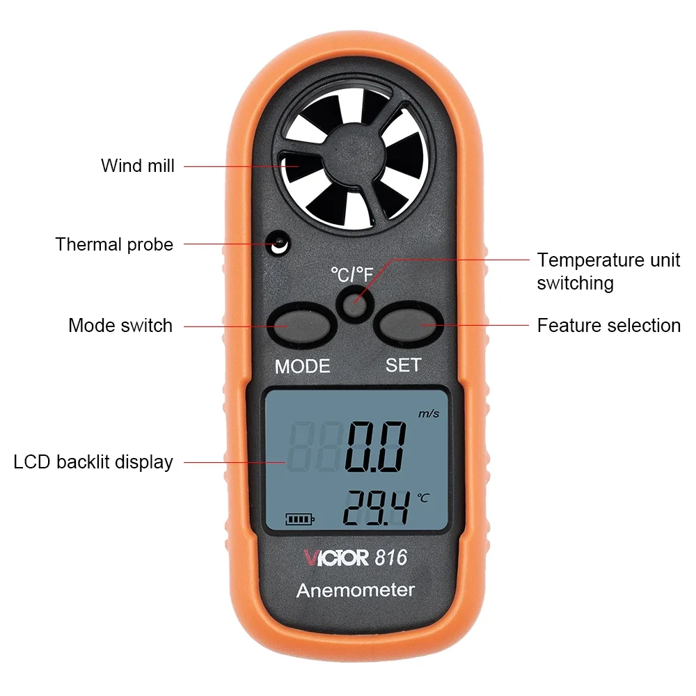 RUOSHUI 816 Anemometer Measuring Air Conditioning Outdoor LCD Wind Speed Temperature Volume Meter Sensing High Precision Tester