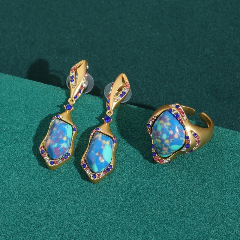 Vintage Alien Resin Blue Jewelry Sets 18k Gold Plated Earrings Ring High Quality Luxury Elegant Daily Gift Trends 2026 For Women
